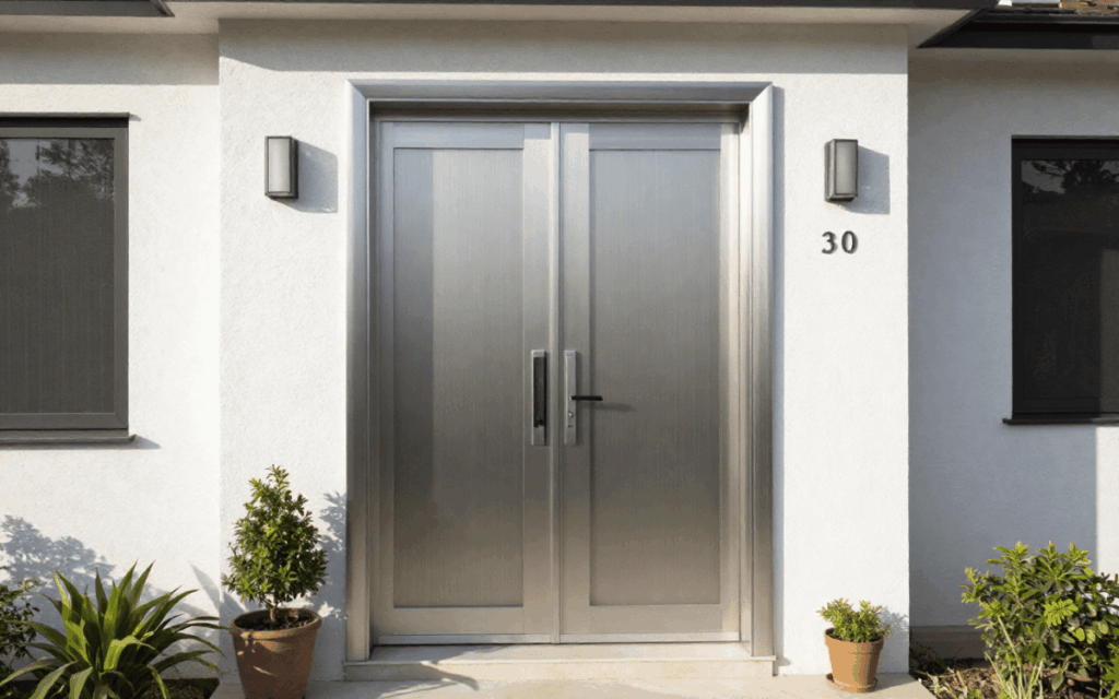 Diseño de puerta de aluminio de exterior con acabado imitación madera